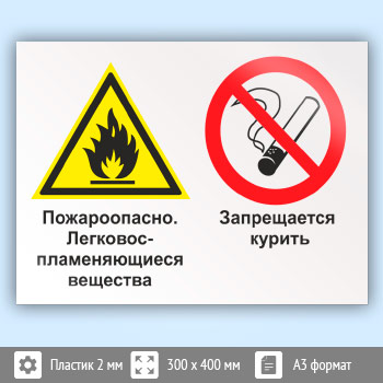 Знак «Пожароопасно - легковоспламеняющиеся вещества. Запрещается курить», КЗ-69 (пластик, 400х300 мм)